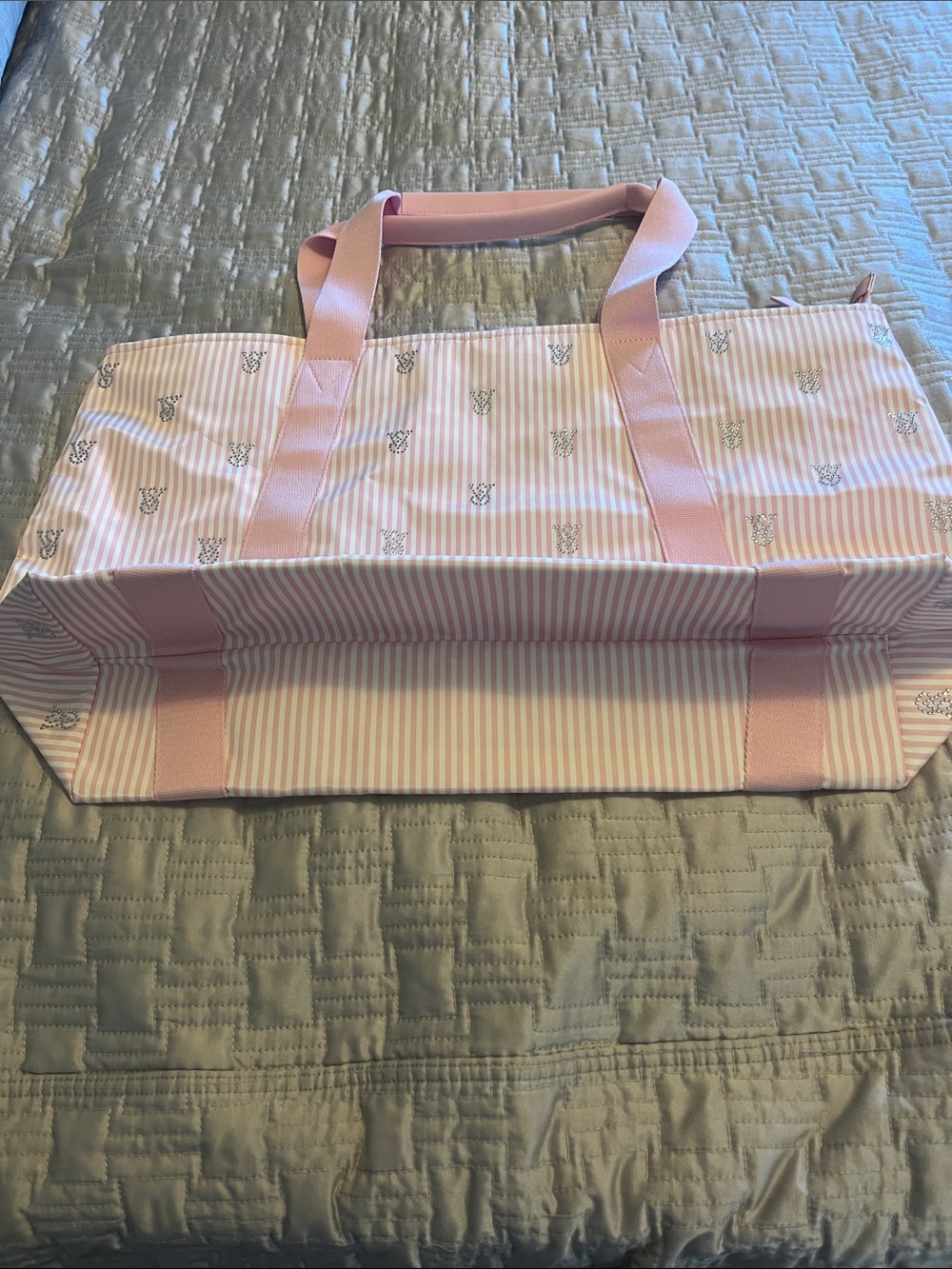 Victoria's Secret Pink Striped Tote with Rhinestone VS Accents - Picture 4 of 11